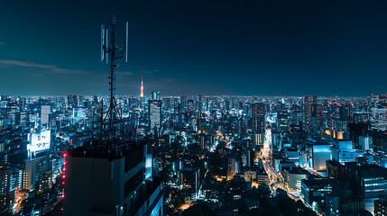 Poster - Communications tower, Antenna for the 5G cellular network atop a in a nighttime metropolis