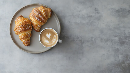 Aufkleber - Croissants with coffee, Two French croissants on plate and cup of espresso coffee on concrete background, top view