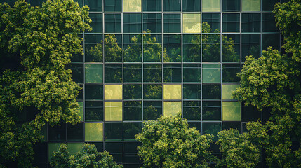 Wall Mural - Exemplifying the ESG, Environmental, Social, Governance concept, a corporate glass building facade reflects green trees, Importance of integrating sustainability into business practice