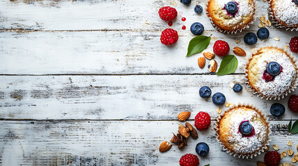 Aufkleber - Freshly baked blueberry muffins with almond, oats and icing sugar topping on a rustic white wooden table with berries, brown sugar, Top view