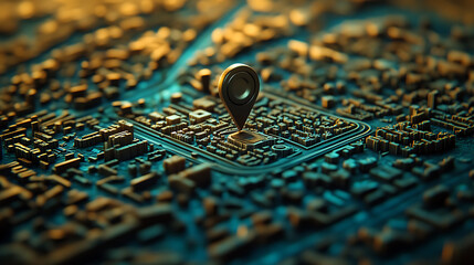 Leinwandbilder - Geofencing technology, A stylized, miniature city model with a large geo pin prominently placed, The use of geofencing in urban areas for marketing, security, and logistics