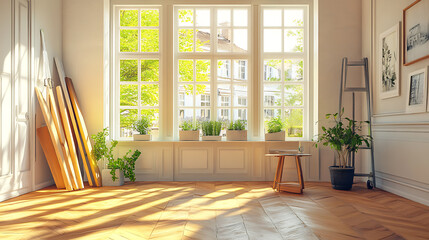 Poster - Home refurbishment process on a sunny day, featuring large, modern windows that allow natural light to flood the space, The image captures the essence of home improvement and renovation