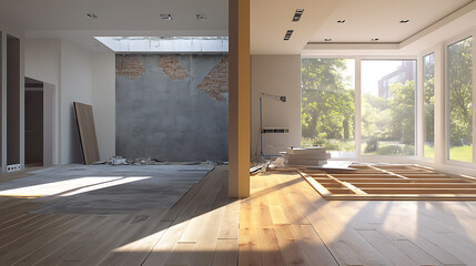 Poster - Home refurbishment process on a sunny day, featuring large, modern windows that allow natural light to flood the space, The image captures the essence of home improvement and renovation
