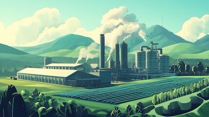 Poster - Illustrative representation of a bio energy plant project, The design of a sustainable energy facility, emphasizing on renewable resources and reducing environmental impact