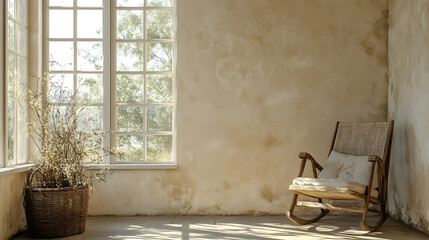 Poster - Lounge chair against of window near beige stucco wall, Rustic interior design of modern living room in country house