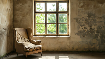 Poster - Lounge chair against of window near beige stucco wall, Rustic interior design of modern living room in country house