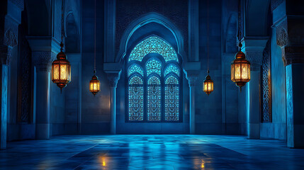 Poster - Moonlight shining through the window to the inside of an Islamic mosque with hanging lanterns