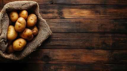 Poster - Raw potato food , Fresh potatoes in an old sack on wooden background, Free place for text, Top view