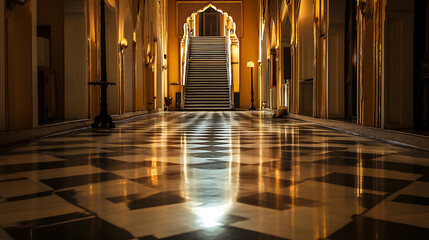 Aufkleber - Royal palace hallway, With stairs at night