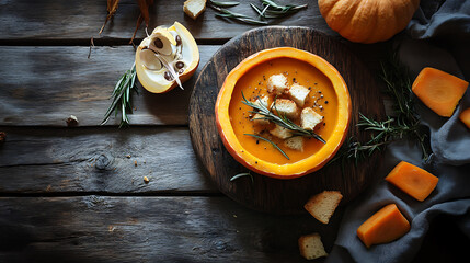 Poster - Pumpkin and carrot Cream soup on rustic wooden table, Autumn Pumpkin cream-soup with rosemary herb and croutons, Top view, Copy space
