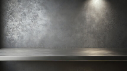Fototapete - Silver steel countertop, empty shelf, Kitchen counter on gray background with spot light, Bar desk surface in foreground