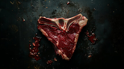Poster - T-bone steak from raw beef, Fine and organic meat products, Still life of a raw thick rib on a black background from above