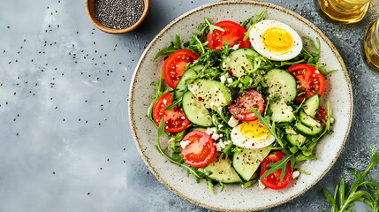 Poster - Tasty and healthy salad made of avocado, eggs, tomato, cucumber, cheese, arugula and chia seeds on a light plate, Top view, Flat lay, Banner