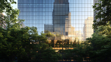 Poster - The glass skyscraper facade reflects the lush green leaves of trees, the intersection of urban development and nature, The concepts of ESG (Environmental, Social, and Governance) and impact investing