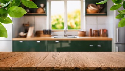 wood table top on blur kitchen room background and green leaves for product display montage