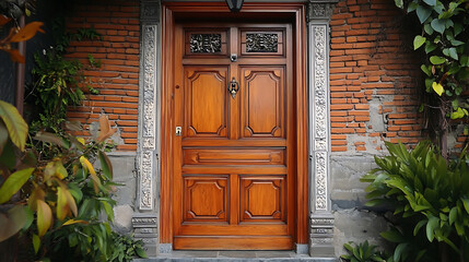 Poster - Traditional cheap front entrance door with wood, brown wooden style
