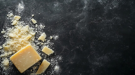 Fototapete - Whole and grated parmesan cheese on black table, flat lay, Space for text