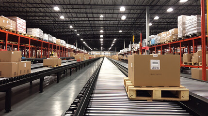 Poster - a conveyor belt with boxes on it moving through a warehouse