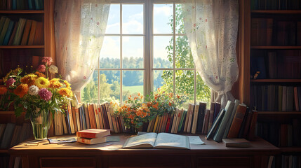Poster - a desk with books, flowers, and a window view
