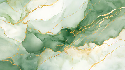 Aufkleber - abstract watercolor background illustration, pastel green color and gold marble lines