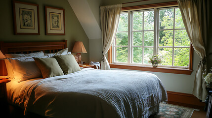 Poster - calm bedroom with a comfortable bed and natural light from the window