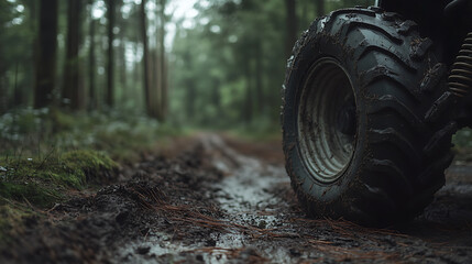 Poster - close-up of a wheel and traces of an ATV in the forest