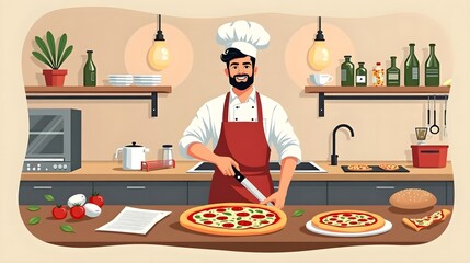 Male pizza maker character cooking pizza, stage of preparing Italian pizza Illustration