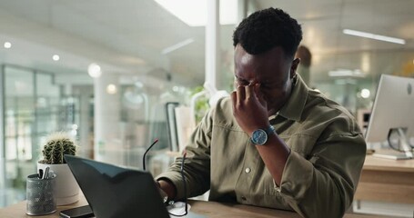 Poster - Black man, stress and laptop with headache for strain, pressure or overworked at office desk. Frustrated African, male person or tired employee with migraine or pain for fatigue, burnout or mistake