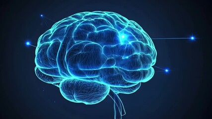 Poster - Intricate blue brain illustration depicting neural connections and activity on a dark background