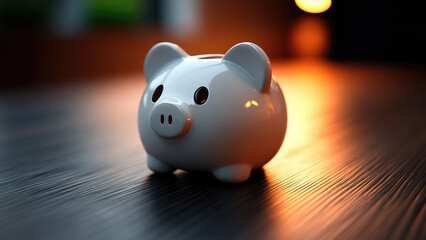 White ceramic piggy bank illuminated by warm light on a dark wooden surface