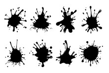 Collection of vector black ink splatters in various shapes, perfect for grunge designs, textures, or creative backgrounds.