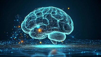 Poster - A digital representation of a human brain glowing in a dark environment with blue lines and lights