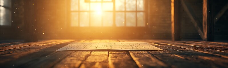 Aufkleber - Sunlight streams through a window, illuminating a dusty wooden floor, creating a warm and inviting atmosphere of tranquility.