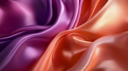 Poster - colorful silk fabric draping elegantly in soft waves with purple and orange hues showcasing their ri