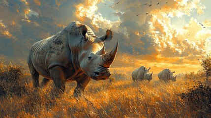 Wall Mural - A large white rhino stands in a field of tall grass with two other rhinos in the background. The sky is filled with dramatic clouds as the sun sets.