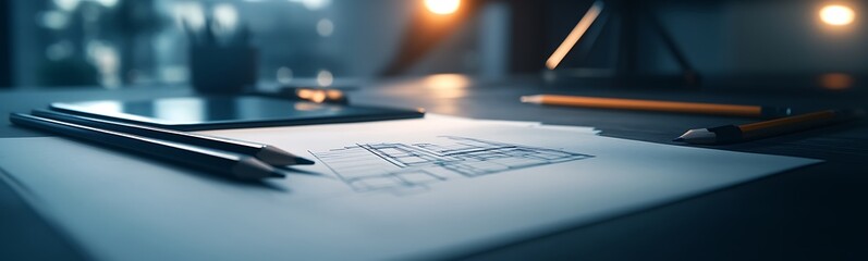 Aufkleber - A close-up view of a workspace featuring pens, paper with sketches, and a tablet, illuminated by soft lighting, creating a productive atmosphere.