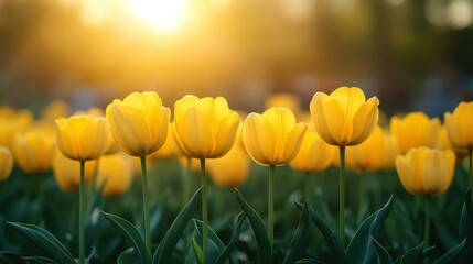 Wall Mural - Stunning yellow tulips bloom in golden hour light, set against a vibrant sunset for a breathtaking springtime scene.