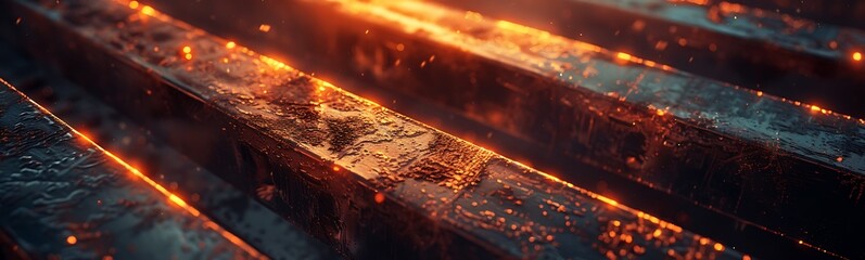 Leinwandbilder - A captivating close-up of textured metallic surfaces illuminated by glimmers of warm light, showcasing a blend of colors and reflections.