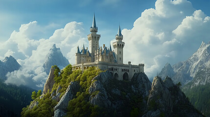 Aufkleber - Old fairytale castle on the hill, Fantasy landscape illustration