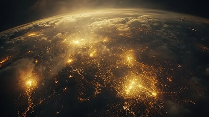Poster - Panoramic view on planet Earth globe from space, Glowing city lights, light clouds