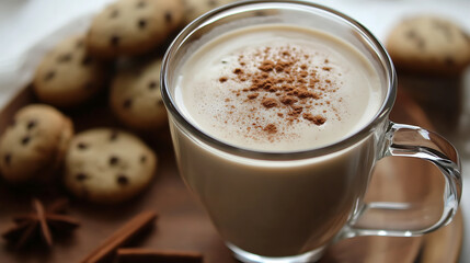Aufkleber - Pumpkin spice latte in a glass mug with cinnamon, nutmeg and cookies