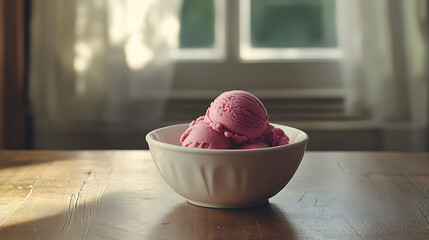 Aufkleber - Raspberry ice cream in white bowl on wooden table