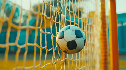 Poster - Soccer ball kicked into the goal net on the football field background