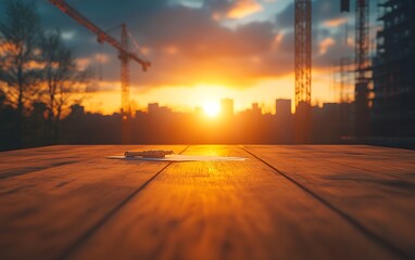 Aufkleber - A vibrant sunset casts warm hues over a city skyline, with cranes and buildings silhouetted against the colorful sky.
