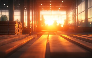 Poster - A warm sunset illuminates a workshop filled with wooden planks, highlighting the serene beauty of craftsmanship in progress.