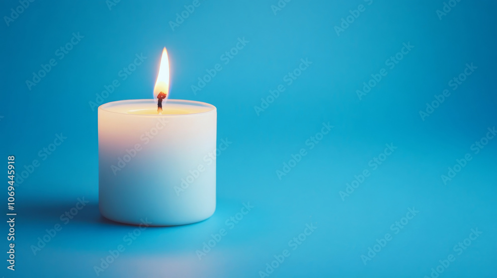 A lit white candle stands on a vibrant blue background, flame glowing warmly. Concept of tranquility, simplicity, and warmth.