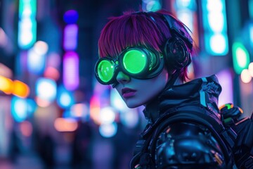 Poster - A beautiful woman with short pink hair and glowing green glasses, dressed in black cyberpunk armor, stands on the neon streets of a cyberpunk city at night.