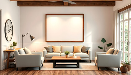 Mockup frame in farmhouse living room interior, 3d render highlighted by white, png