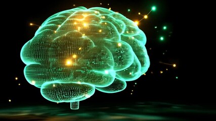 Poster - A digital representation of a brain illuminated with glowing particles in a dark background