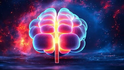 Poster - A colorful digital representation of the human brain set against a cosmic background at night